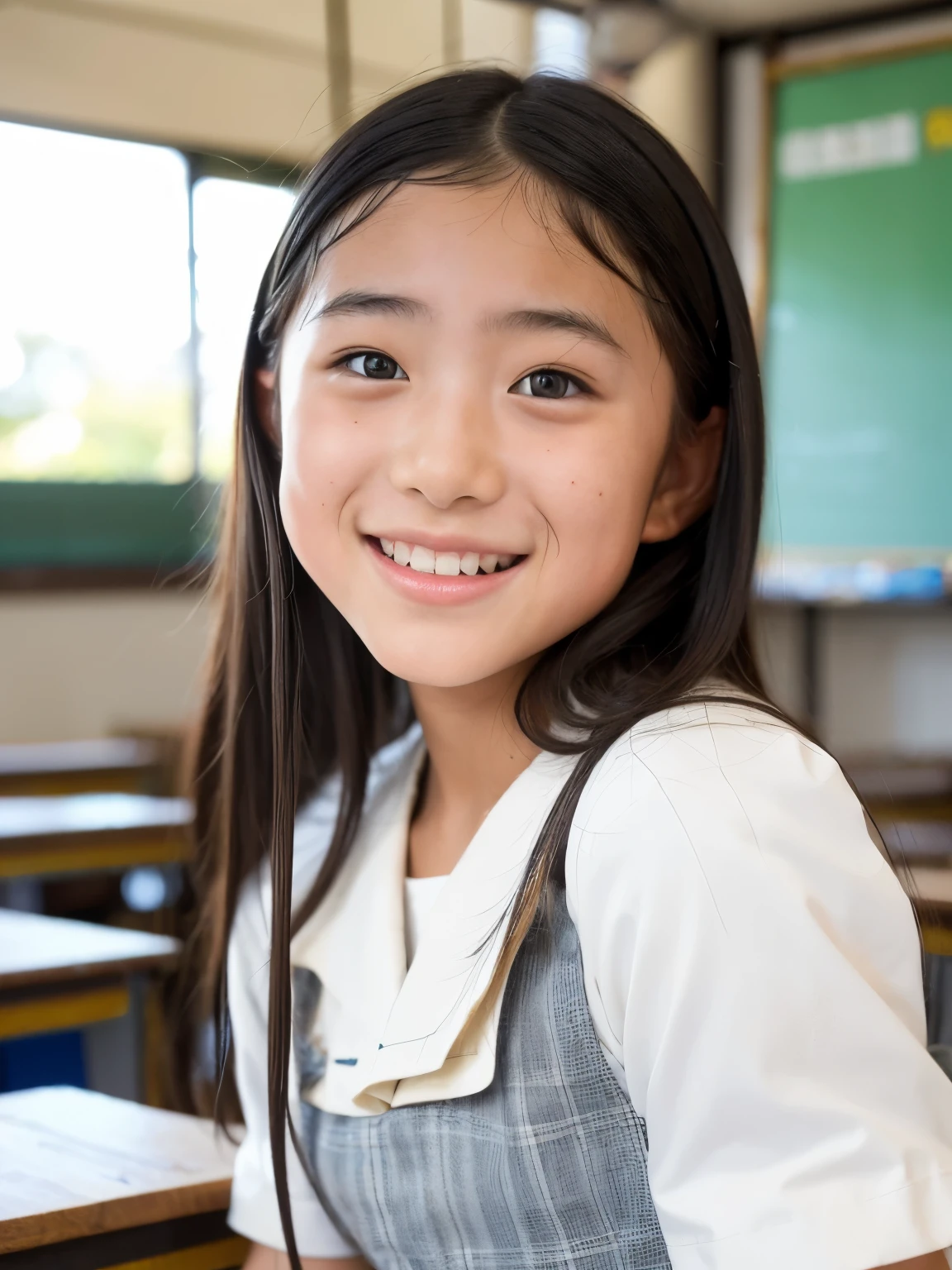 lens: 135mm f1.8, (highest quality),(RAW Photos), (Tabletop:1.1), (Beautiful 14 year old Japanese girl), Cute Face, (Deeply chiseled face:0.7), (freckles:0.4), dappled sunlight, Dramatic lighting, (Japanese School Uniform), (In the classroom), shy, (Close-up shot:1.2), (smile), (sunlight)