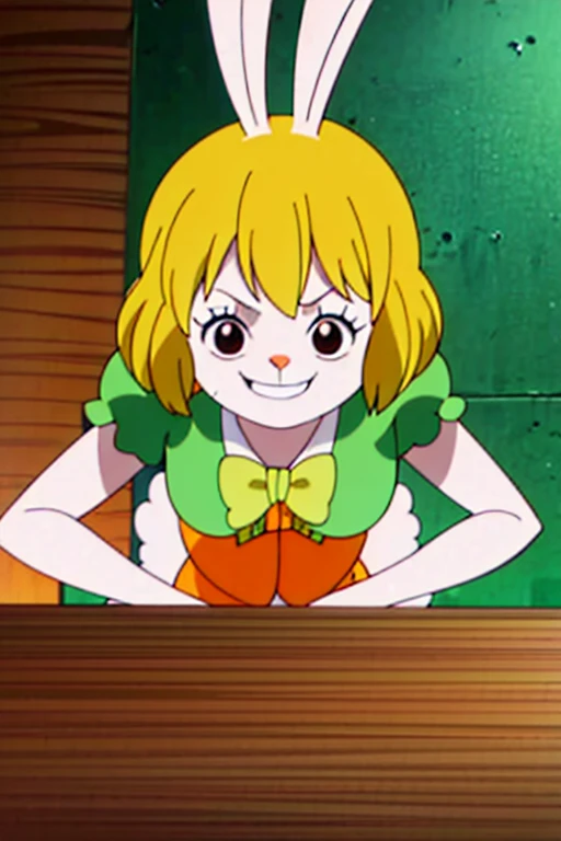 Carrot_Minx, 1girl, smile, short hair, blonde hair, orange dress, bow, capelet, green bow, animal ears, bunny girl, buck teeth, piece of clothing, celebrate birthday, cake, at the table
