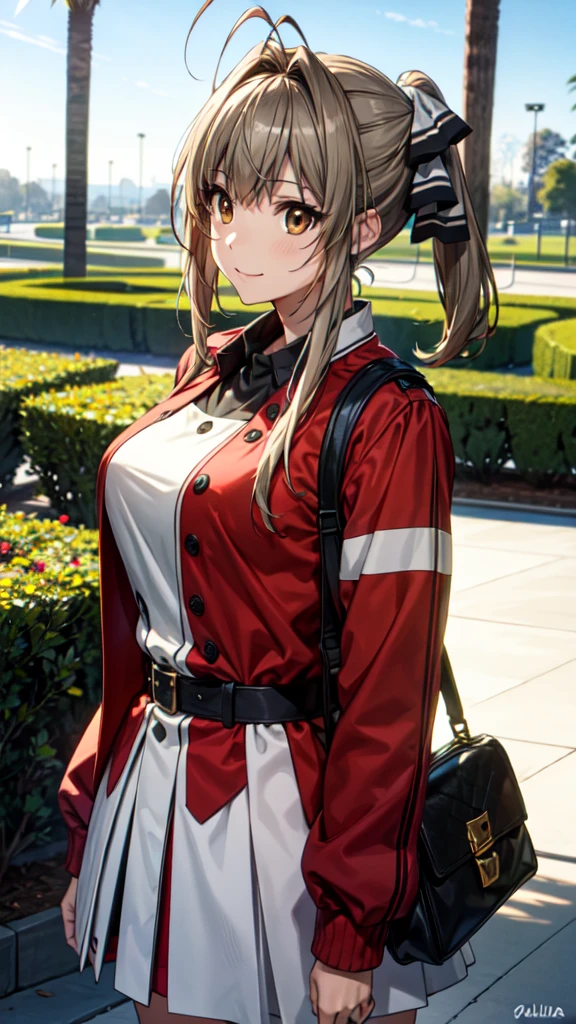 (estilo animado),uniforme-isuzu、SentoUniforme, chaqueta roja, charreteras, lazo blanco, (falda negra), muslos blancos、Abre la boca、((parque de atracciones)), high resolution, mejor calidad, (obra maestra:1.2), muy detallado、isuzu sento、 sonrisa buscada、 by the chestnut、Brown eyes、pelo largo、pelo de antena、cola de caballo、Cinta para el pelo、pose aleatoria、(Rubor、luz del ojo、Resaltado en los ojos)、Cubre tu tema por todas parteira al espectador、Dobla tus brazos、difuminar el fondo,entrecerrar un poco los ojos