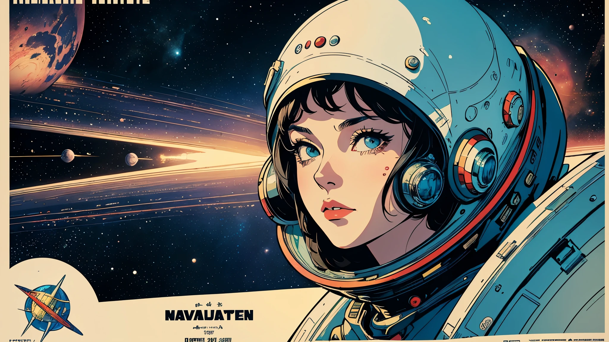 (masterpiece, highest quality), 8k wallpaper, very detailed, poster, vintage science fiction, 1960s,(((space thriller cinematic movie poster))), (bauhaus), shape,abstract, mid century modern, movie poster, vintage, Perfect Lady,anime,1970's,halftone,speech bubble