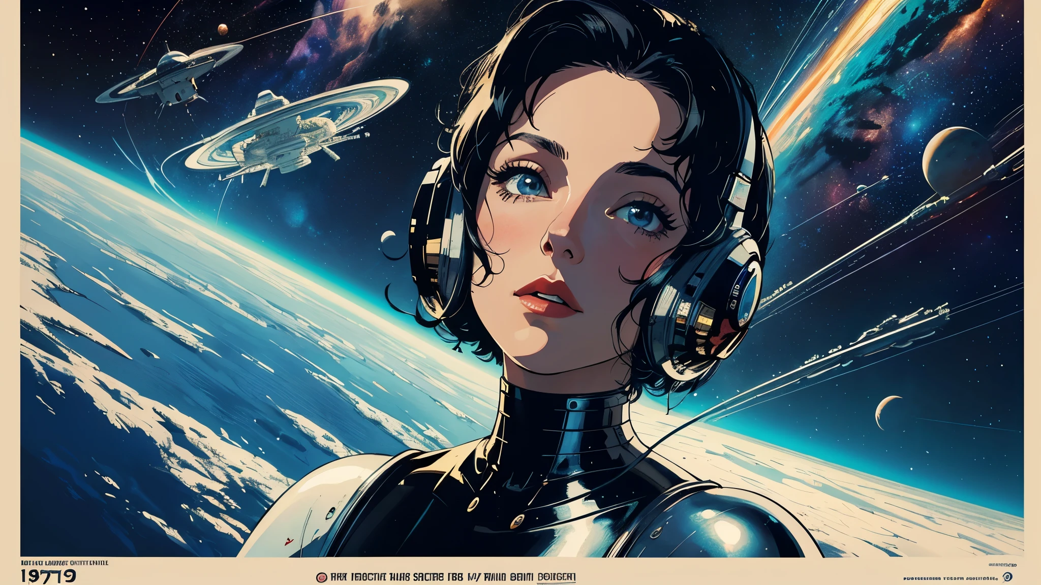 (masterpiece, highest quality), 8k wallpaper, very detailed, poster, vintage science fiction, 1960s,(((space thriller cinematic movie poster))), (bauhaus), shape,abstract, mid century modern, movie poster, vintage, Perfect Lady,anime,1970's,halftone,speech bubble
