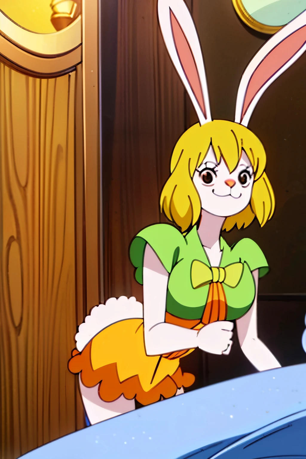 ((small breasts, voluptuous girl)), CarrotChan, solo, blonde hair, animal ears, rabbit ears, rabbit girl, furry female, furry, short hair, smile, rabbit tail, (orange dress), brown eyes, ((furry girl, small breasts, animal nose)), ((complex detailed background, grass, jungle, forest, vines, tall big trees, nature environment,)), ((nsfw)), white fur skin