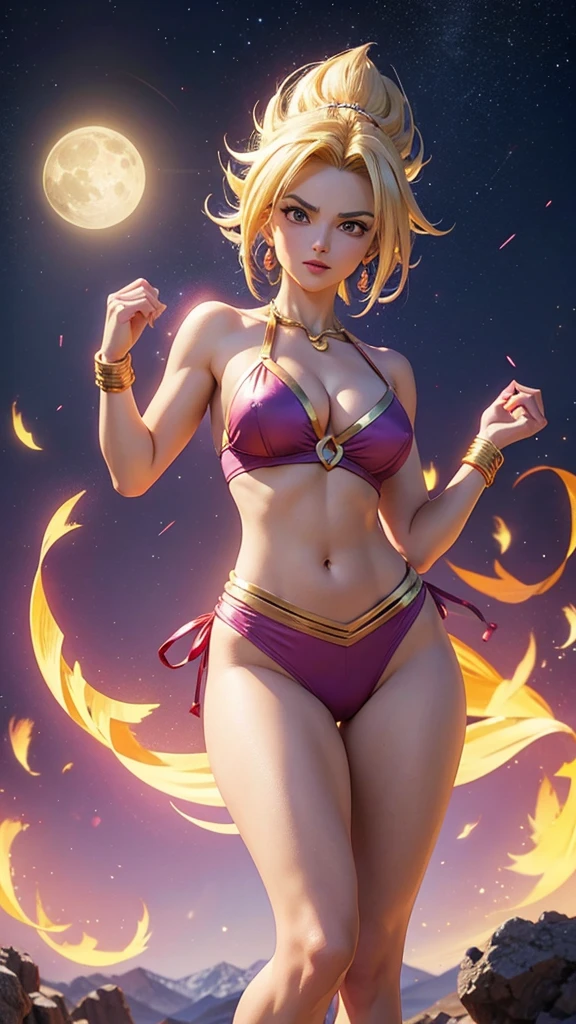 Caulifla guerrera saiyajin, dragon ball super, sexy, hermosa, poderosa, abdomen tonificado, cuerpo muy delgado, skinny body, pose de combate, fondo espacial, planetas en el fondo, luna en el fondovgrande y brillante, luz resplandeciente, light energy, aura personal iluminada color dorado. Reslista, detalles perfectos, foto realista, 8k, natural