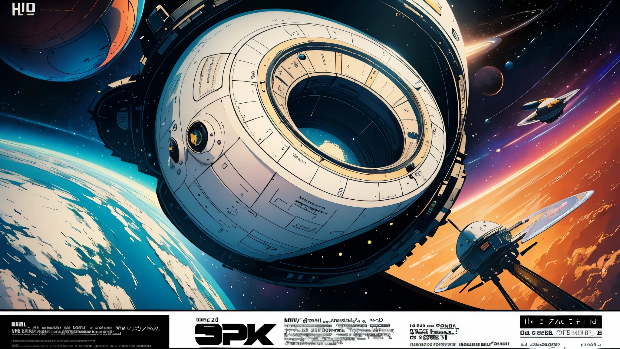 (masterpiece, highest quality), 8k wallpaper, very detailed, poster, vintage science fiction, 1960s,(((space thriller cinematic movie poster))), (bauhaus), shape,abstract, mid century modern, movie poster, vintage, Perfect Lady,anime,1970's,halftone,speech bubble