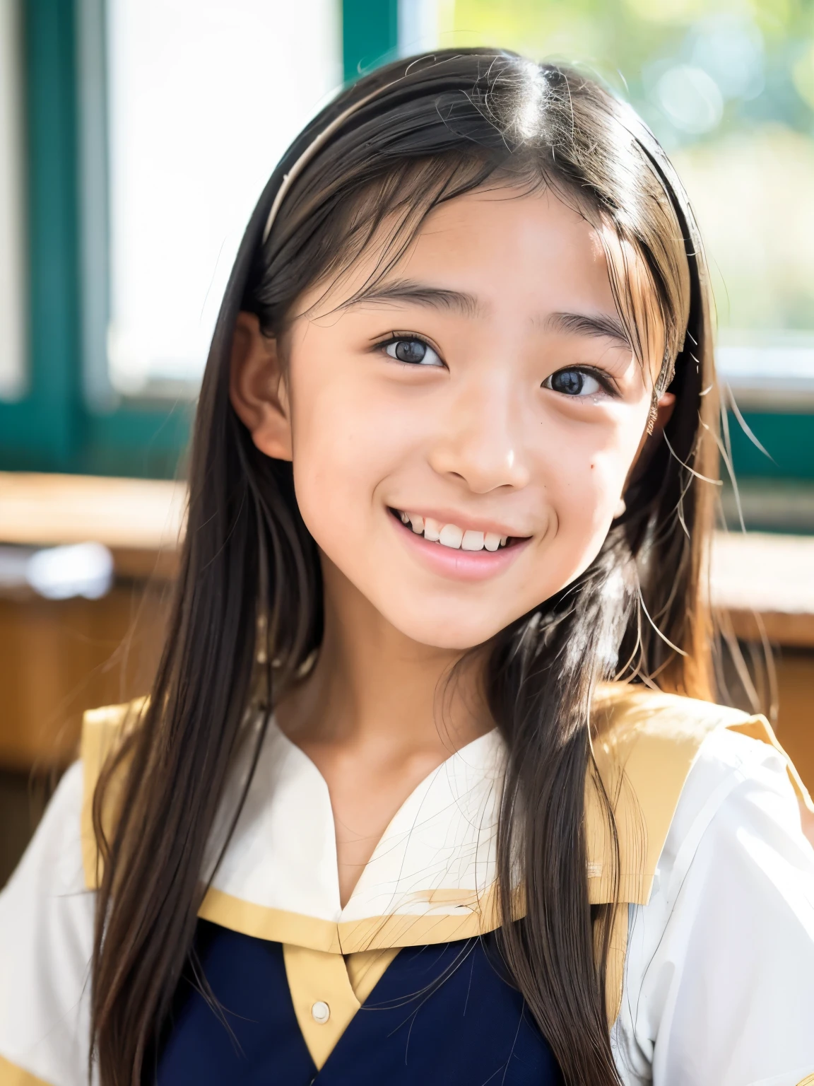 lens: 135mm f1.8, (highest quality),(RAW Photos), (Tabletop:1.1), (Beautiful 14 year old Japanese girl), Cute Face, (Deeply chiseled face:0.7), (freckles:0.4), dappled sunlight, Dramatic lighting, (Japanese School Uniform), (In the classroom), shy, (Close-up shot:1.2), (smile), (sunlight)