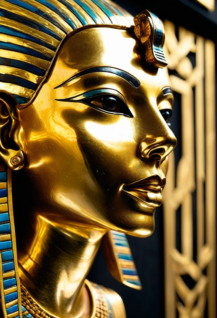Tutankhamun mask face in solid gold and reflecting sunlight, sinistra mask, olhando para baixo, she is hanging on a black metal wall