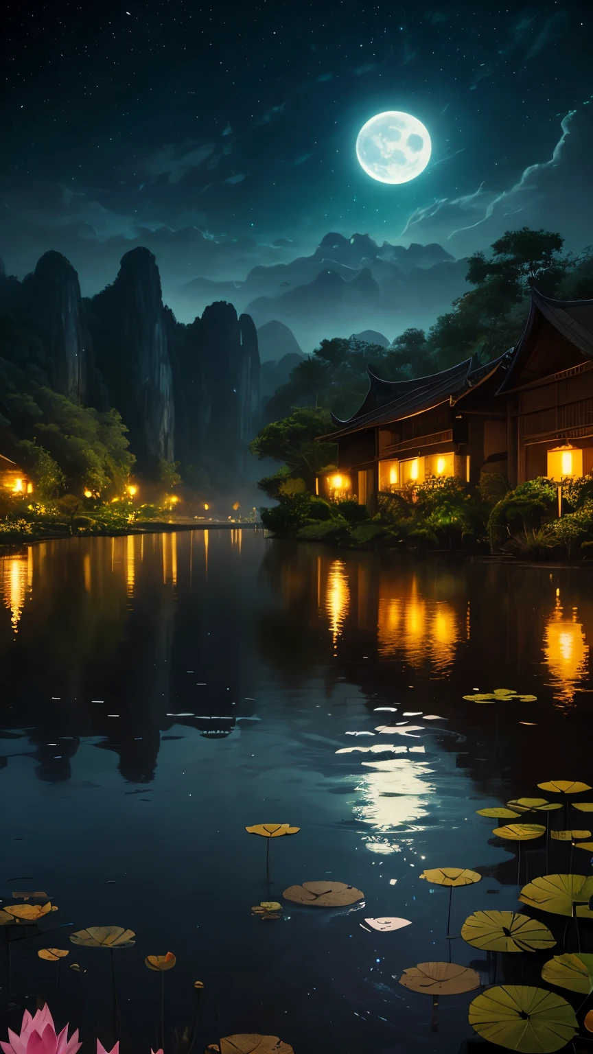 A pond with blooming lotus flowers, Bamboo fire torches by the pond, boat, Ninh Binh scenery, Vietnam, Tam Coc, Big Don, Karst topography, Centered, Symmetric, I drew, complicated, Volumetric lighting, beautiful, A masterpiece of deep colour, Sharp focus, Super detailed, Dan Mumford and Mark Simonetti's style, Astrophotography, Bright moonlight. --automatic