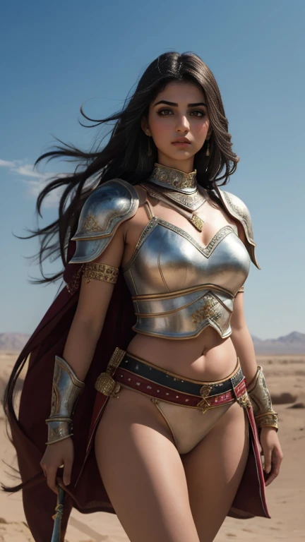 (masterpiece), full hd, best quality, 1 girl, solo, , beautiful big hips, shapely, innocent, Pure, delicate, Proportional body, perfect body figure, cold face, long hair flying in the wind, epic, myth, Shine, brilliant, Photos with depth, wind, (masterpiece), full hd, best quality, expressive eyes, perfect face, 1 girl, solo, Portrait of an ancient Persian female warrior wearing croptop armor standing proudly in the desert, In the distance is an ancient temple, ancient sword, Hero