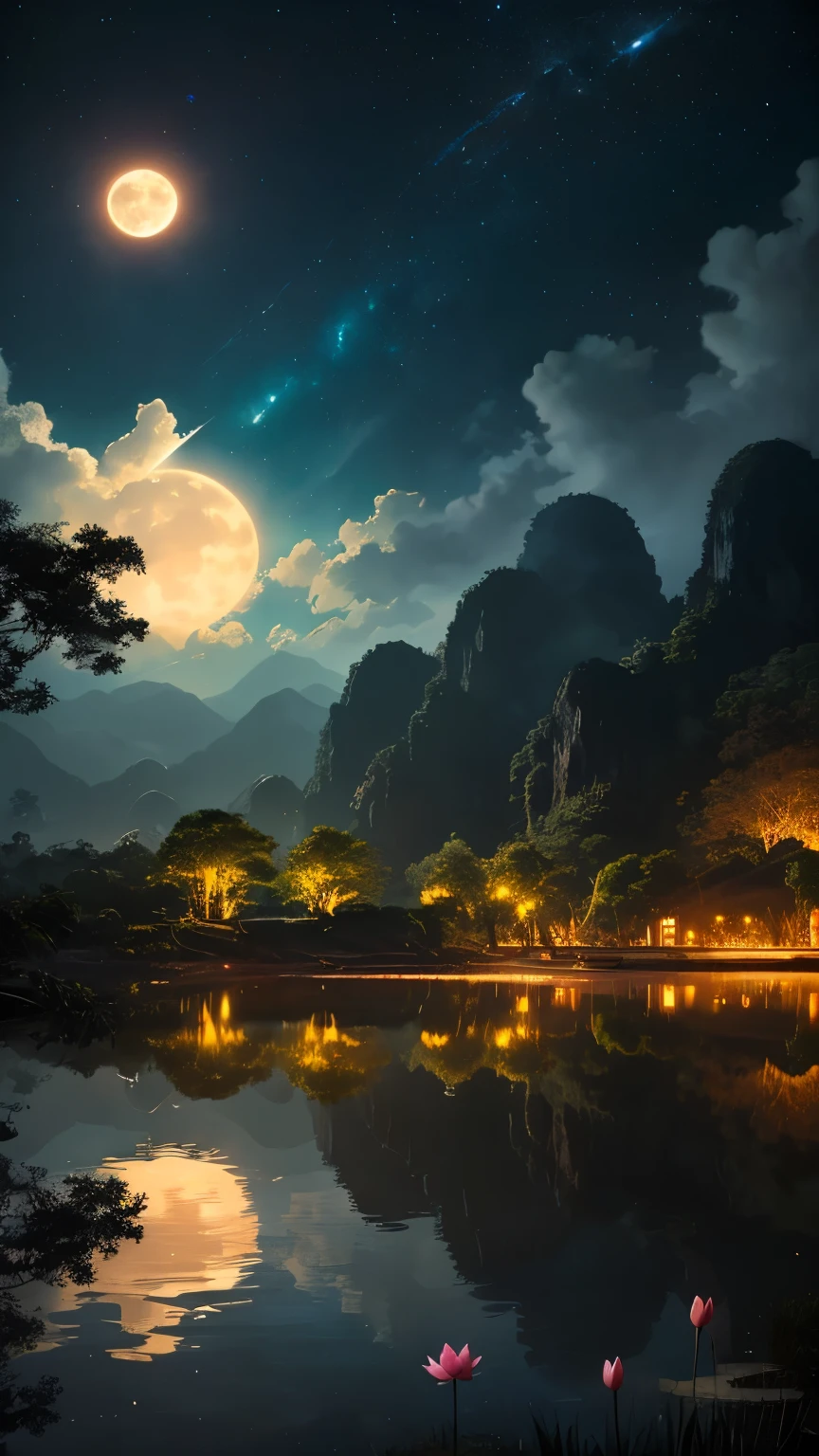 A pond with blooming lotus flowers, Bamboo fire torches by the pond, boat, Ninh Binh scenery, Vietnam, Tam Coc, Big Don, Karst topography, Centered, Symmetric, I drew, complicated, Volumetric lighting, beautiful, A masterpiece of deep colour, Sharp focus, Super detailed, Dan Mumford and Mark Simonetti's style, Astrophotography, Bright moonlight. --automatic
