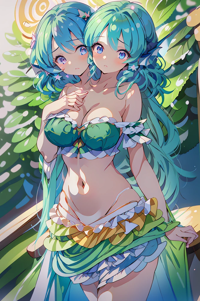 (masterpiece, best quality), best quality, (ultra-detailed), (3heads:1.5), 1girl, (ultra-detailed), (3heads:1.5), 1girl, (wakasagihime:1.3), masterpiece, best quality, ultra quality, ultra resolution, ultra detail, green top, crop top, ((stomach)), midriff, ((groin)), green skirt, normal ears, shackles, blue hair, very long hair, wavy hair, sidelocks, blue eyes, parted lips, single horn, sweat, cute, toned belly, hand on own chest, eyelashes, (24 year old woman:1.3), (masterpiece:1.5), (best quality:1.5), (beautiful detailed), extremely detailed CG, extremely delicate and beautiful, depth of field, (finely detailed face), (perfect details:1.2), (mature female:1.3), wide pelvis, slender, large veiny breast, 16k resolution, highres, high quality, high definition, extremely detailed, masterpiece, best quality, blue hair, long hair, alluring presence, braid, short skirt, close up, big tits, young, drill hair, mermaid, japanese clothes, frills,
