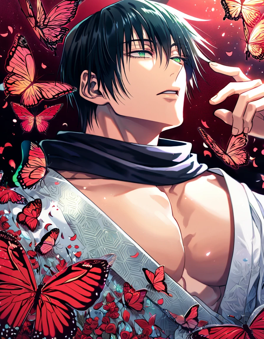 Ultra detailed, Highres, absurdres, HDR, Fushiguro Touji, black straight hair, expressive green eyes, black scarf with patterns, white kimono, Jujutsu Kaisen, glittering red butterflies, petals, handsome, sexy man, solo, very detailed eyes and face, master piece, toned chest, glittering, fantasy, red forest,