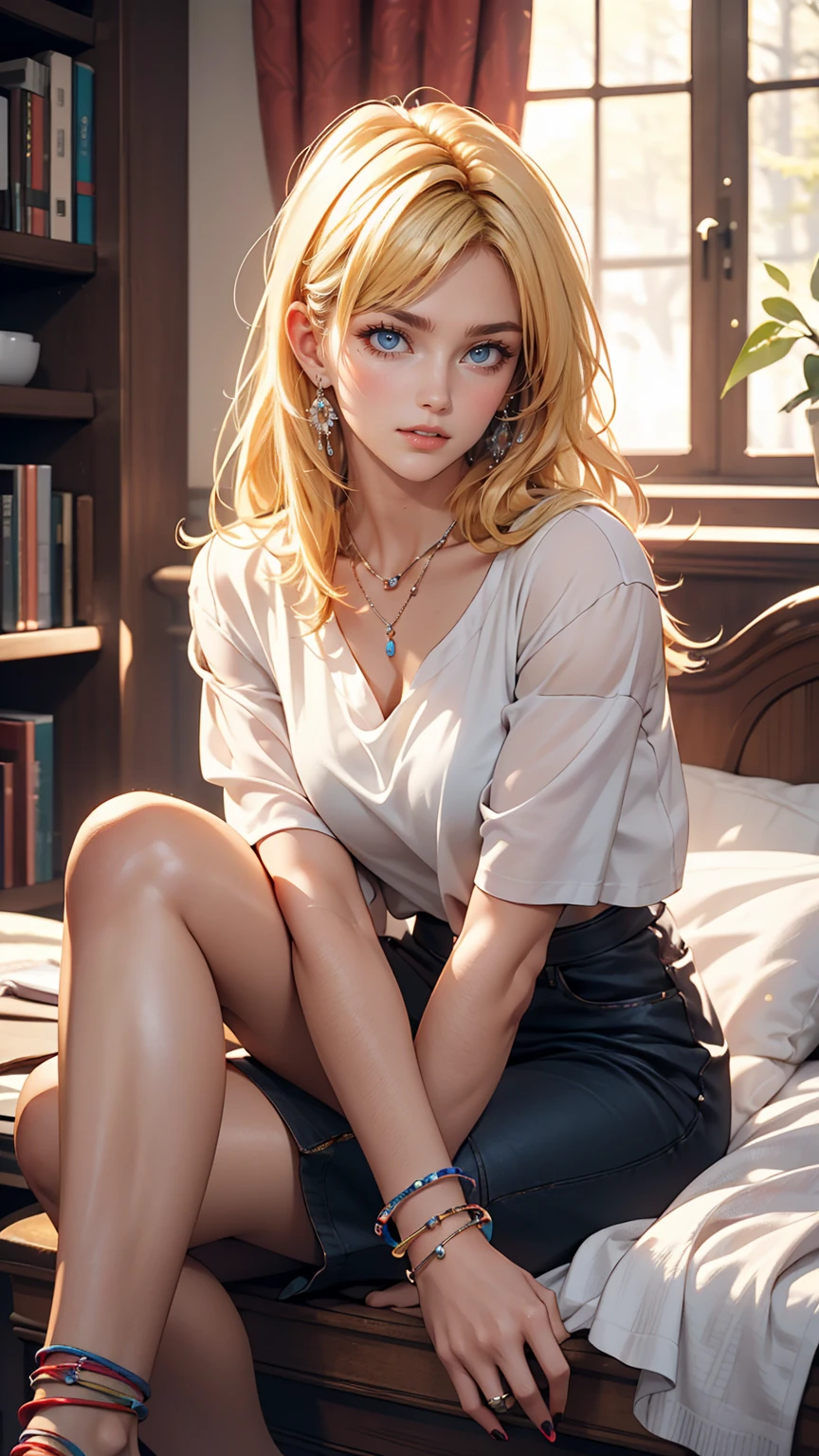 ((最high quality, 8K, masterpiece: 1.3, Ultra HD, high quality, 最high quality, High resolution, realism)) 、A 22-year-old extremely beautiful white woman、Hair color blonde、blue eyeedium Hair、Straight Hair、smile、Slender but well-proportioned body、Background blur((depth of field))、Aerial perspective((atmospheric perspective))、I want my head to stay off screen、Wearing accessories on the wrist、Put an anklet on your ankle、Wearing red nail polish、I&#39;m getting a pedicure、Disney((Disney))Tangled、Blonde long hair、Wear an off-the-shoulder dress、smile、A lake in the forest、A boat floating in the middle of a lake、Looking up at the many lanterns flying in the night sky