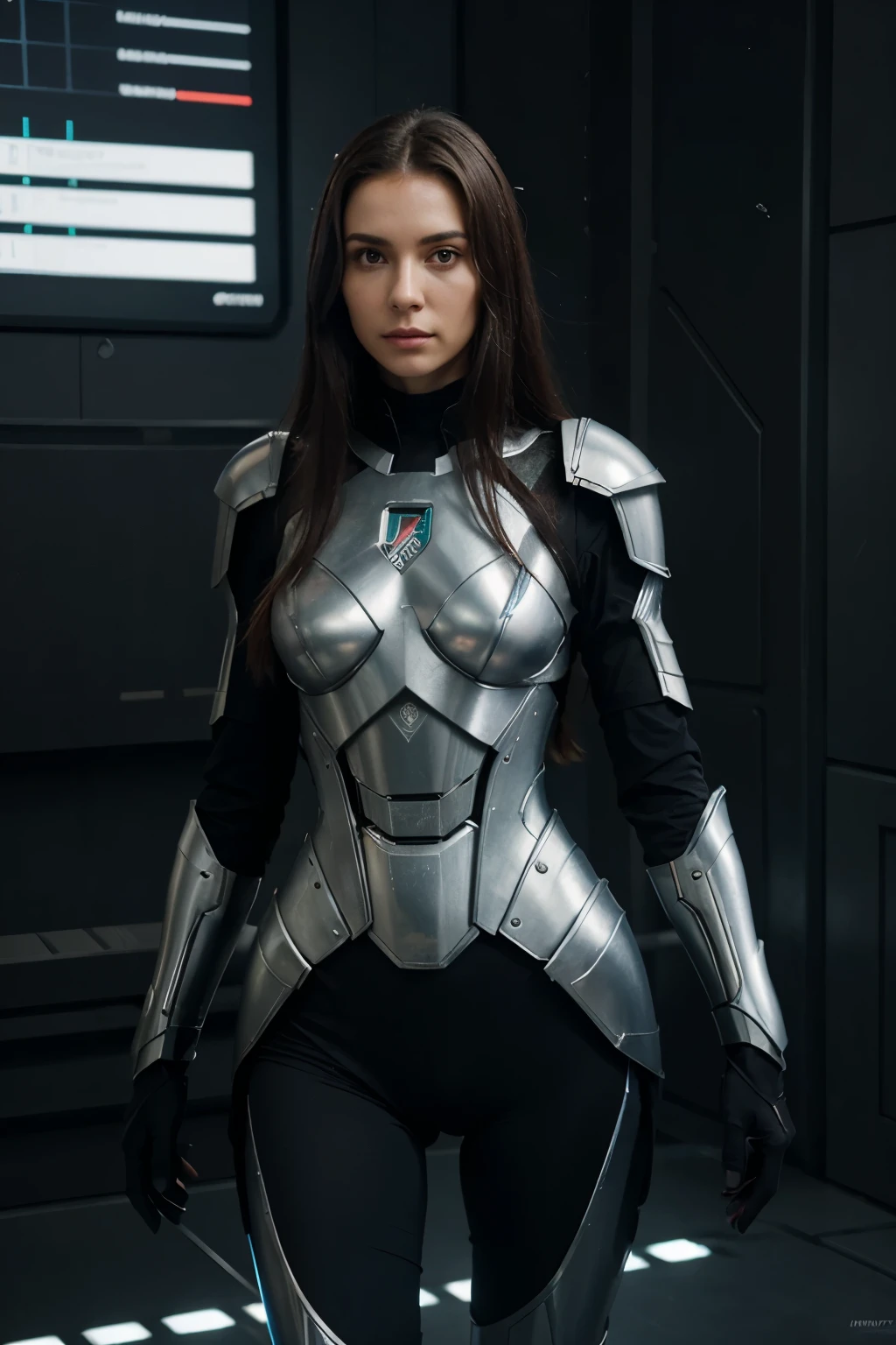A tall, thin woman with olive skin is wearing advanced robotic armor. Your hair is long, marrom e cacheado, caindo em cascata sobre os ombros e parte das costas da armadura. Ela tem um porte imponente e olhar determinado, conveying an aura of intelligence and leadership.
The armor is similar to the one used in the episode "Protection Against Aliens" from the series "Love, Death & Robots". It's a sophisticated mech suit, projetado para combate. The armor is reinforced metal, com um design futurista, full of technological details. It has a combination of metallic colors in silver tones., azul escuro e preto, com luzes LED estrategicamente posicionadas para indicar sistemas ativos e energia.
O visor do capacete, quando abaixado, has a translucent screen that displays combat information and strategic data in real time. Armor pieces adjust perfectly to the woman's body, allowing mobility and maximum protection. Armor has flexible articulation areas, Rugged protective plates and weaponry built into the arms and shoulders, like plasma cannons and homing missiles.
She is in a strategic pose, talvez em um campo de batalha futurista, analyzing a holographic map that projects tactics and movements of alien enemies. Your eyes are fixed on the projection, demonstrating focus and leadership skills at critical moments.