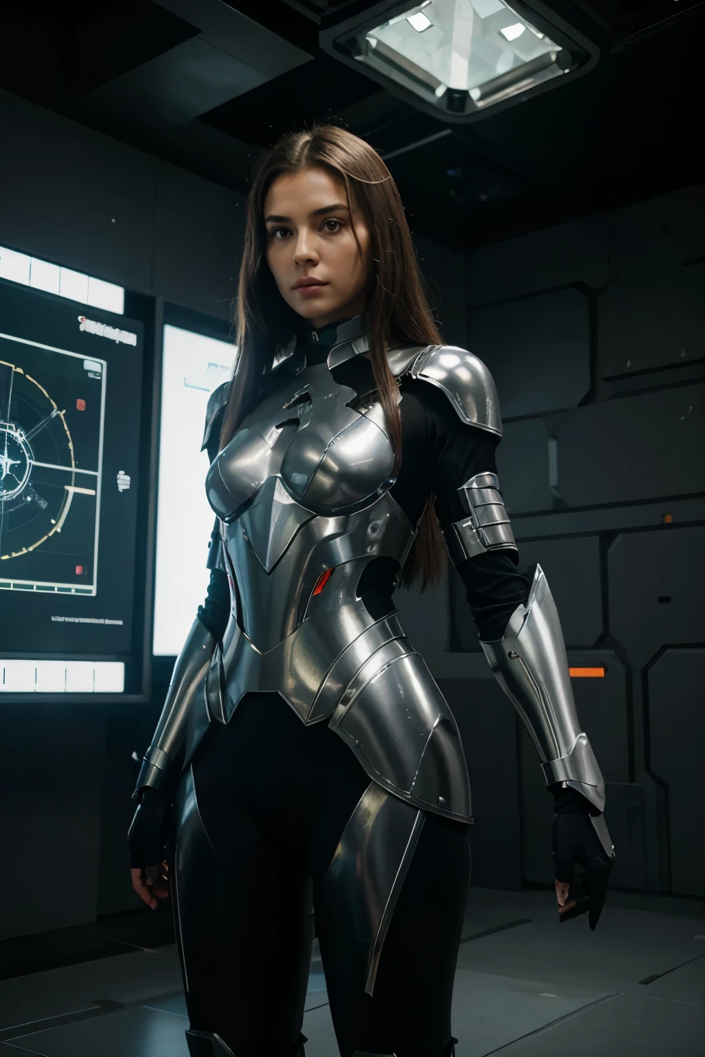 A tall, thin woman with olive skin is wearing advanced robotic armor. Your hair is long, marrom e cacheado, caindo em cascata sobre os ombros e parte das costas da armadura. Ela tem um porte imponente e olhar determinado, conveying an aura of intelligence and leadership.
The armor is similar to the one used in the episode "Protection Against Aliens" from the series "Love, Death & Robots". It's a sophisticated mech suit, projetado para combate. The armor is reinforced metal, com um design futurista, full of technological details. It has a combination of metallic colors in silver tones., azul escuro e preto, com luzes LED estrategicamente posicionadas para indicar sistemas ativos e energia.
O visor do capacete, quando abaixado, has a translucent screen that displays combat information and strategic data in real time. Armor pieces adjust perfectly to the woman's body, allowing mobility and maximum protection. Armor has flexible articulation areas, Rugged protective plates and weaponry built into the arms and shoulders, like plasma cannons and homing missiles.
She is in a strategic pose, talvez em um campo de batalha futurista, yzing a holographic map that projects tactics and movements of alien enemies. Your eyes are fixed on the projection, demonstrating focus and leadership skills at critical moments.