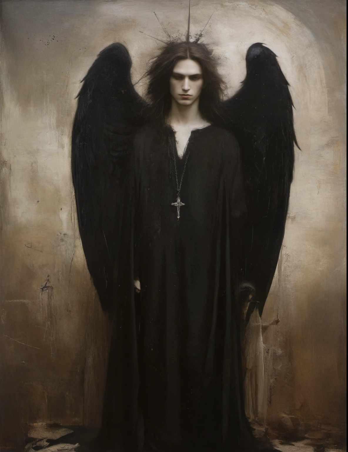James Gurney, Surrealist art , dream-like, Mysterious, Provocative, symbolic, Complex, detailed,, (Gothic but very beautiful:1.4), (masterpiece, highest quality:1.4) , Nicola Samori Style, Laputa, Young and handsome men、Angel