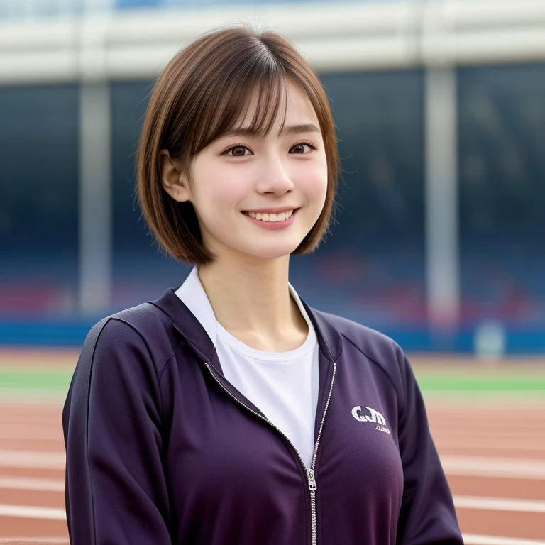 (kawaii 24 year-old Japanese girl, Nogizaka idol, Korean idol, track and field player), healthy female athlete body, glossy brown hair, (very short hair:1.2), beautiful black eyes, rounded face, single eyelid, (no makeup:1.2), (big laughing), (long sleeved track jacket:1.3), extra small breasts, BREAK, (track and field stadium  background:1.2), (dynamic angle, bust shot:1.2), BREAK, (masterpiece, best quality, photo realistic, official art:1.4), (UHD, 8K quality wallpaper, high resolution, raw photo, golden ratio:1.3), (shiny skin), professional lighting, physically based rendering, award winning, (highly detailed skin texture, extremely detailed face and eyes textures), Carl Zeiss 85 mm F/1.4, depth of field, (1girl, solo),