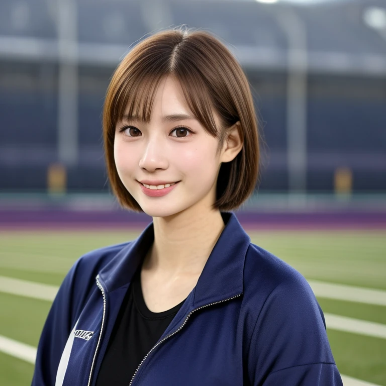 (kawaii 24 year-old Japanese girl, Nogizaka idol, Korean idol, track and field player), healthy female athlete body, glossy brown hair, (very short hair:1.2), beautiful black eyes, rounded face, single eyelid, (no makeup:1.2), (big laughing), (long sleeved track jacket:1.3), extra small breasts, BREAK, (track and field stadium  background:1.2), (dynamic angle, bust shot:1.2), BREAK, (masterpiece, best quality, photo realistic, official art:1.4), (UHD, 8K quality wallpaper, high resolution, raw photo, golden ratio:1.3), (shiny skin), professional lighting, physically based rendering, award winning, (highly detailed skin texture, extremely detailed face and eyes textures), Carl Zeiss 85 mm F/1.4, depth of field, (1girl, solo),