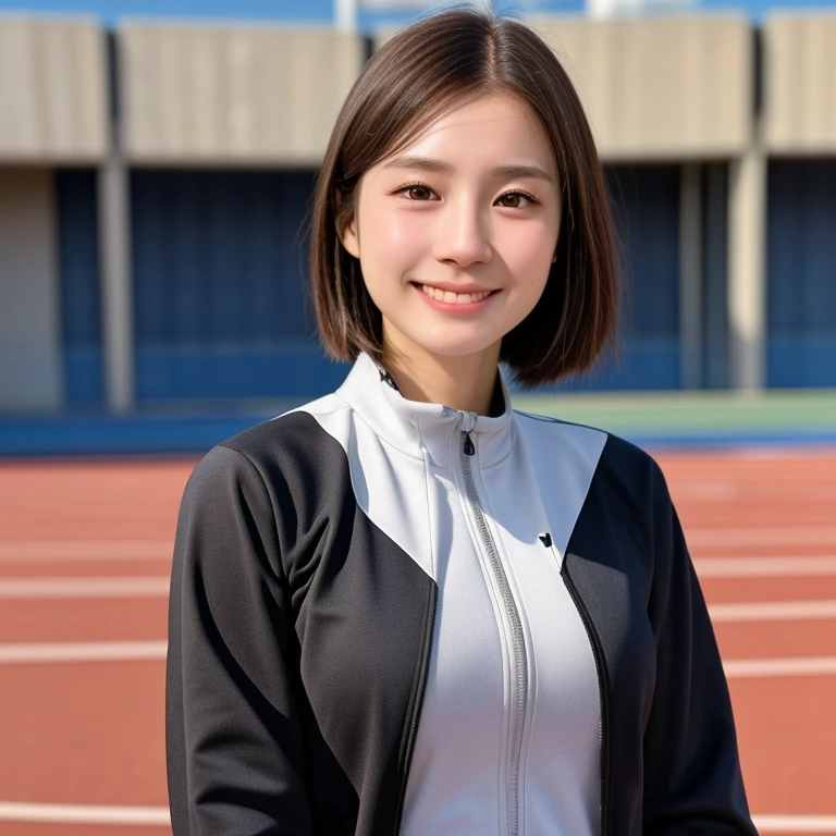 (kawaii 24 year-old Japanese girl, Nogizaka idol, Korean idol, track and field player), healthy female athlete body, glossy brown hair, (very short hair:1.2), beautiful black eyes, rounded face, single eyelid, (no makeup:1.2), (big laughing), (long sleeved track jacket:1.3), extra small breasts, BREAK, (track and field stadium  background:1.2), (dynamic angle, bust shot:1.2), BREAK, (masterpiece, best quality, photo realistic, official art:1.4), (UHD, 8K quality wallpaper, high resolution, raw photo, golden ratio:1.3), (shiny skin), professional lighting, physically based rendering, award winning, (highly detailed skin texture, extremely detailed face and eyes textures), Carl Zeiss 85 mm F/1.4, depth of field, (1girl, solo),