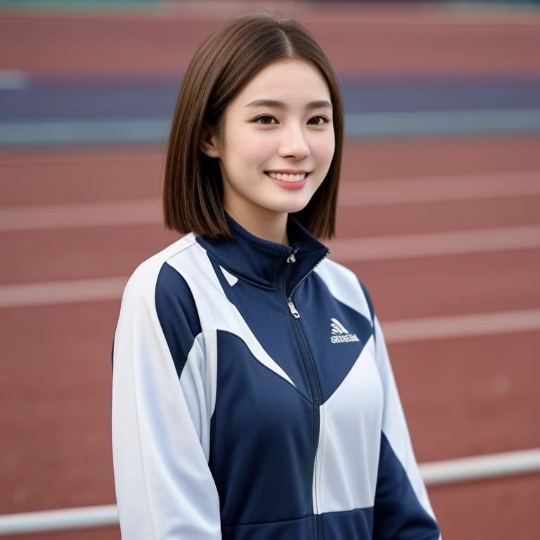 (kawaii 24 year-old Japanese girl, Nogizaka idol, Korean idol, track and field player), healthy female athlete body, glossy brown hair, (very short hair:1.2), beautiful black eyes, rounded face, single eyelid, (no makeup:1.2), (big laughing), (long sleeved track jacket:1.3), extra small breasts, BREAK, (track and field stadium background:1.2), (dynamic angle, bust shot:1.2), BREAK, (masterpiece, best quality, photo realistic, official art:1.4), (UHD, 8K quality wallpaper, high resolution, raw photo, golden ratio:1.3), (shiny skin), professional lighting, physically based rendering, award winning, (highly detailed skin texture, extremely detailed face and eyes textures), Carl Zeiss 85 mm F/1.4, depth of field, (1girl, solo),