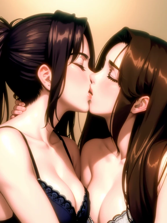 masterpiece, quality, A high resolution,((( 2 girls))), ((Yuri)), ((this kiss:1.4)), giving a hot kiss, in the bedroom, sexy lingerie, big