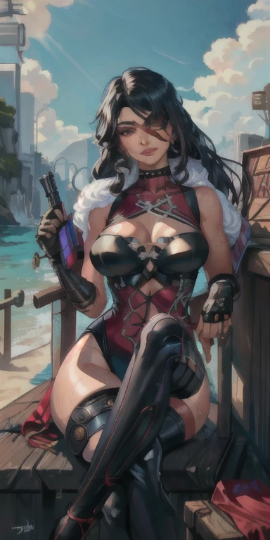spiderman style, marvel, Beautiful woman, mercenary, heroic, , sitting cross-legged, wet beachwear, long breasts, detailed realistic cyberpunk style, black hair, masterpiece, extreme quality, perfect eyes, perfect body, perfect face, cinematic light, digital drawing, neckline, large breasts, 1girl only, 2 legs only, two arms, perfect body, mature female, soft, perfect and detailed hands, firing your gun, detailed background, thick eyelashes, makeup, eyeshadow, curvy, inside a ship