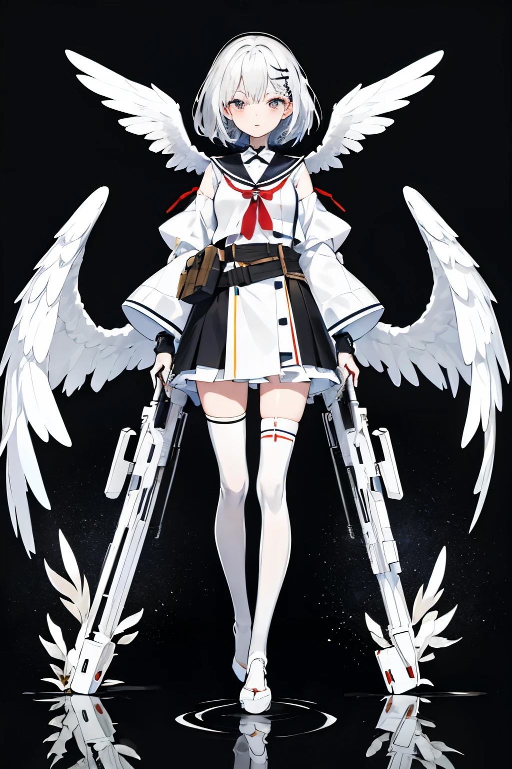 ((masterpiece, highest quality)), Detailed face, whole body, white色の背景, Standing in the Wilderness,Very detailed, One girl,Small head wings,Medium hair,white_hair,Colored inner hair,Hair Clip,Swimwear,elongated pupils,Silver Eyes,Detailed and sophisticated,Absurd,深さ of field,Legwear with ribbon trim,reflection,whiteのテーマ、Has an anti-materiel rifle