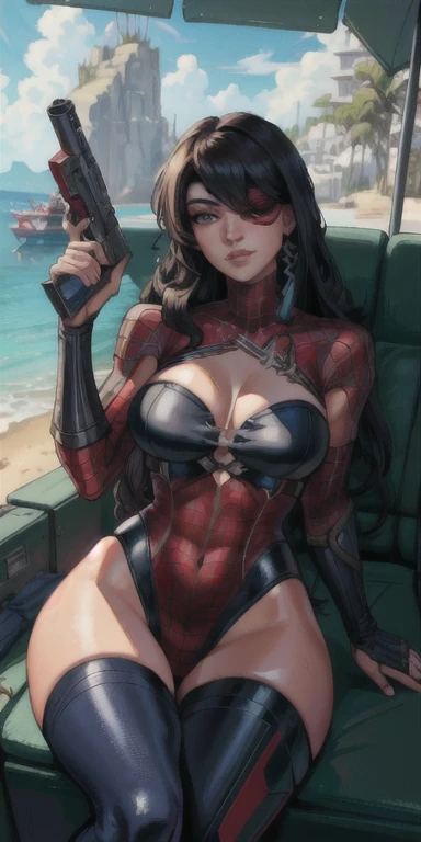 spiderman style, marvel, Beautiful woman, mercenary, heroic, , sitting cross-legged, wet beachwear, long breasts, detailed realistic cyberpunk style, black hair, masterpiece, extreme quality, perfect eyes, perfect body, perfect face, cinematic light, digital drawing, neckline, large breasts, 1girl only, 2 legs only, two arms, perfect body, mature female, soft, perfect and detailed hands,  firing your gun, detailed background, thick eyelashes, makeup, eyeshadow, curvy, inside a ship