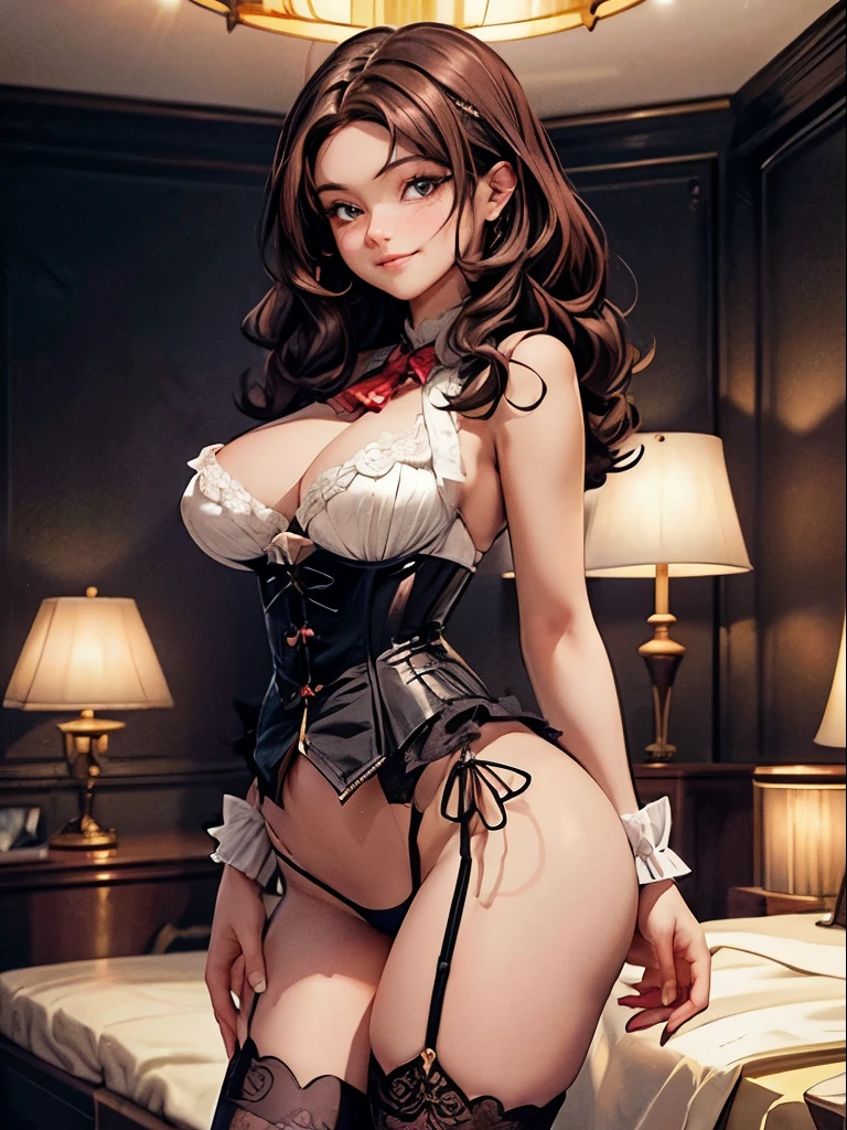 Anime, a glamour shot of a smiling MILF, wavy dark curly hair, busty, big ass, Standing demurely with her legs crossed in a bedroom, long sexy legs, leaning toward the viewer, with Smokey eyes and knowing smile wearing a revealing corset, lace stockings, insanely detailed face and eyes, intricate, hyper-detailed bedroom, digital illustration, masterpiece, beautiful eyes, atmospheric lighting, centered, perfect anatomy, glowing eyes, candid portrait, clear, very detailed, smooth, sharp focus, focused on the viewer, facing the viewer