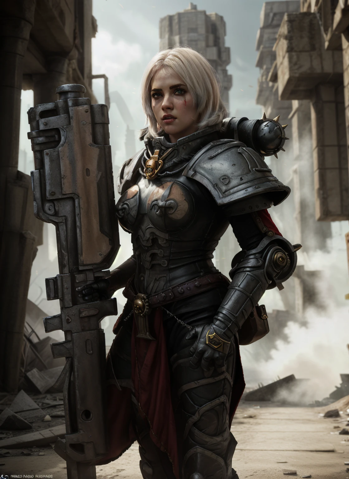 High-quality photo of Whsororitas standing with a sword in his hands Whsororitas, 1 girl, ruins of a burning city in the background, dust and smoke, atmospheric lighting, White paper scrolls with text, Red wax seals, rich colors, The Face of Charlize Therion, star trek cinematic,Warhammer 40k, Beautiful face, detailed face, Representation with swordHigh detail and very clear and complex art.. Octane render, 3D character rendering 8K , all body character with high detail, Beautiful
