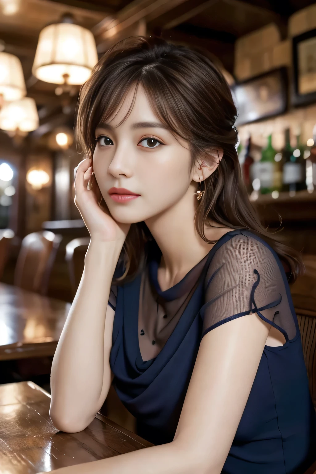 masterpiece, highest quality, Realistic, Very detailed, Finer details, High resolution, 8k wallpaper, One beautiful woman, Wear a navy blue see-through blouse, In a great pub, At night, Light brown messy hair, Perfect dynamic composition, Beautiful and beautiful eyes、Big earrings、Sitting in a chair、