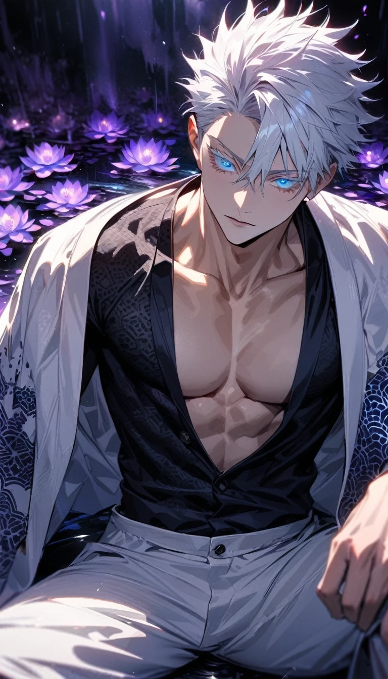 absurdres, highres, ultra detailed, HDR, master piece, best quality, Gojo Satoru, white hair, with bangs, hair between the eyes, expressive blue eyes, white eyelashes, Jujutsu Kaisen, solo, sexy man, handsome, toned chest, white jacket, black shirt, sitting, patterns, magical, fantasy, purple background, purple lotus, shining, purple petals, water