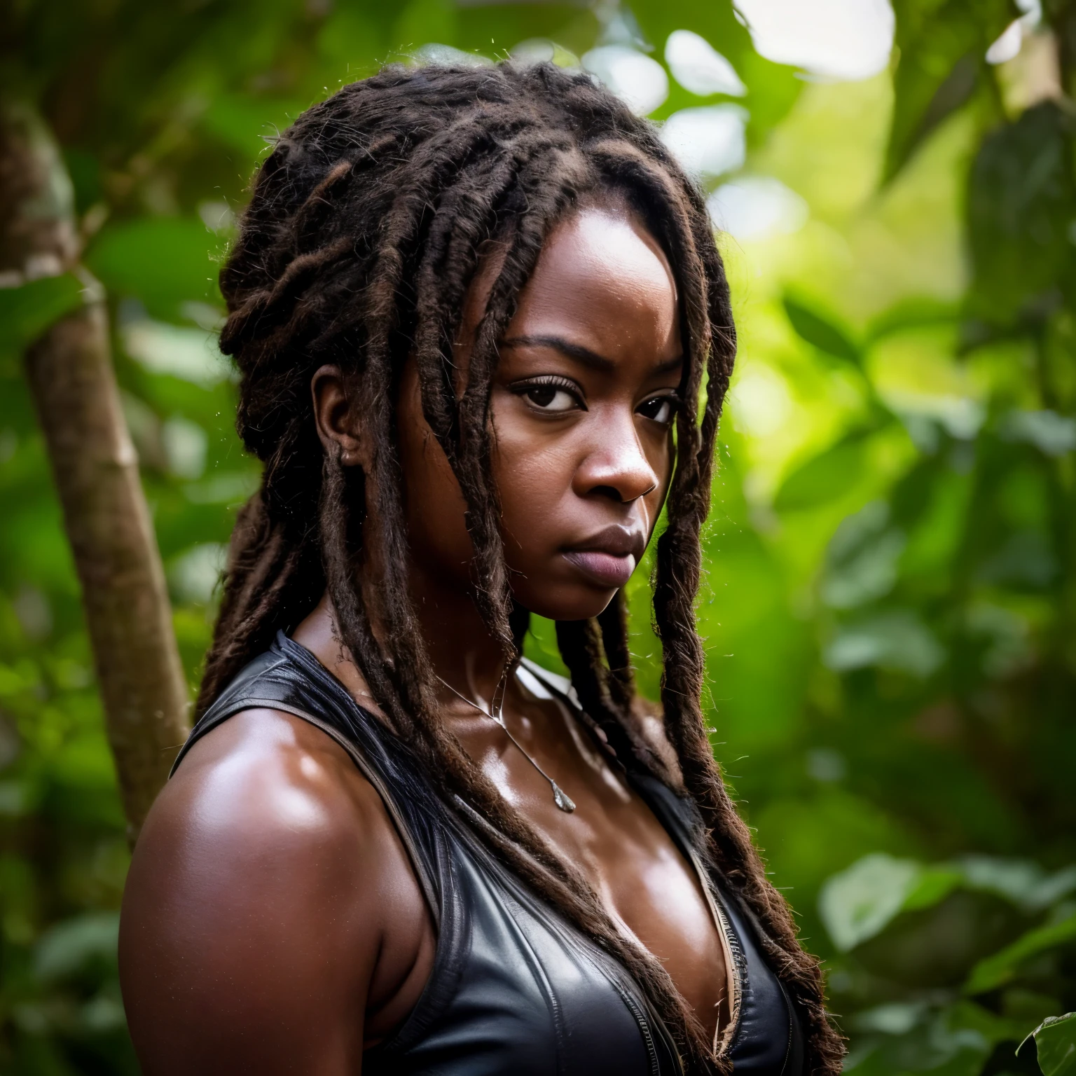 (masterpiece, best quality:1.2), 1girl, solo, photo raw, realistic, detailed, close-up face of Michonne a black woman, is standing in a jungle. She has long, Dreadlock hair , The photo should look like a movie poster and be in HD, 8k, and cinematic, highly detailed. vivid colors, cinemtic lighting.