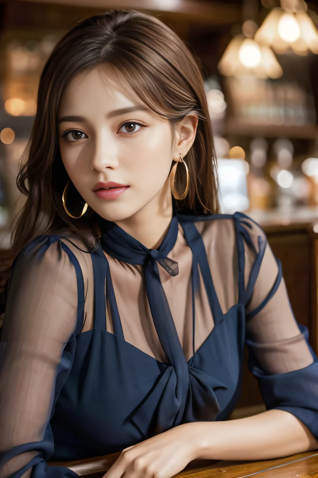 masterpiece, highest quality, Realistic, Very detailed, Finer details, High resolution, 8k wallpaper, One beautiful woman, Wear a navy blue see-through blouse, In a great pub, At night, Light brown messy hair, Perfect dynamic composition, Beautiful and beautiful eyes、Big earrings、Sitting in a chair、