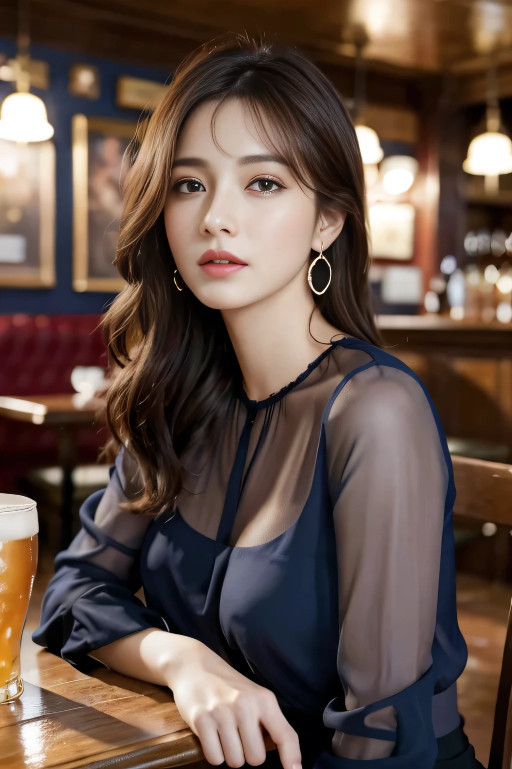 masterpiece, highest quality, Realistic, Very detailed, Finer details, High resolution, 8k wallpaper, One beautiful woman, Wear a navy blue see-through blouse, In a great pub, At night, Light brown messy hair, Perfect dynamic composition, Beautiful and beautiful eyes、Big earrings、Sitting in a chair、
