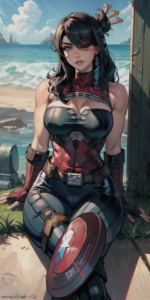 captain america costume, Beautiful woman, mercenary, heroic, , sitting cross-legged, wet beachwear, long breasts, detailed realistic cyberpunk style, black hair, masterpiece, extreme quality, perfect eyes, perfect body, perfect face, cinematic light, digital drawing, neckline, large breasts, 1girl only, 2 legs only, two arms, perfect body, mature female, soft, perfect and detailed hands,  firing your gun, detailed background, thick eyelashes, makeup, eyeshadow, curvy, inside a ship