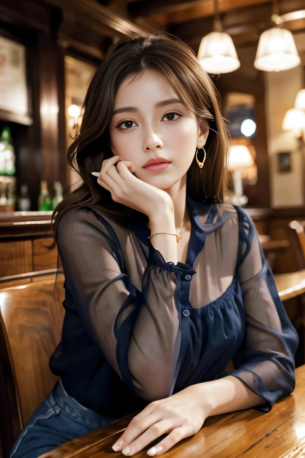 masterpiece, highest quality, Realistic, Very detailed, Finer details, High resolution, 8k wallpaper, One beautiful woman, Wear a navy blue see-through blouse, In a great pub, At night, Light brown messy hair, Perfect dynamic composition, Beautiful and beautiful eyes、Big earrings、Sitting in a chair、