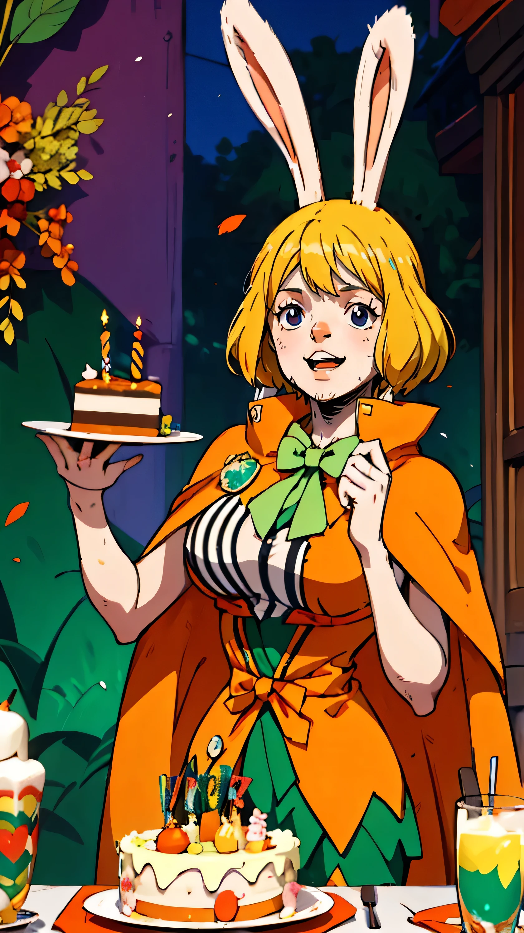 Carrot_Minx, 1girl, short hair, blonde hair, orange dress, bow, capelet, green bow, animal ears, bunny girl, buck teeth, piece of clothing, celebrate birthday, cake at the table