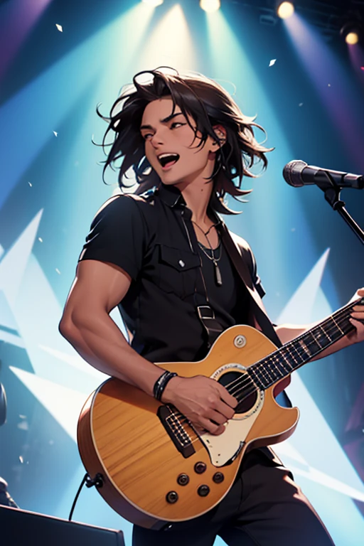 hombre cantante cabello ondulado, con microfono en la mano, cantando en un escenario, feliz, lleva tambien una guitarra.