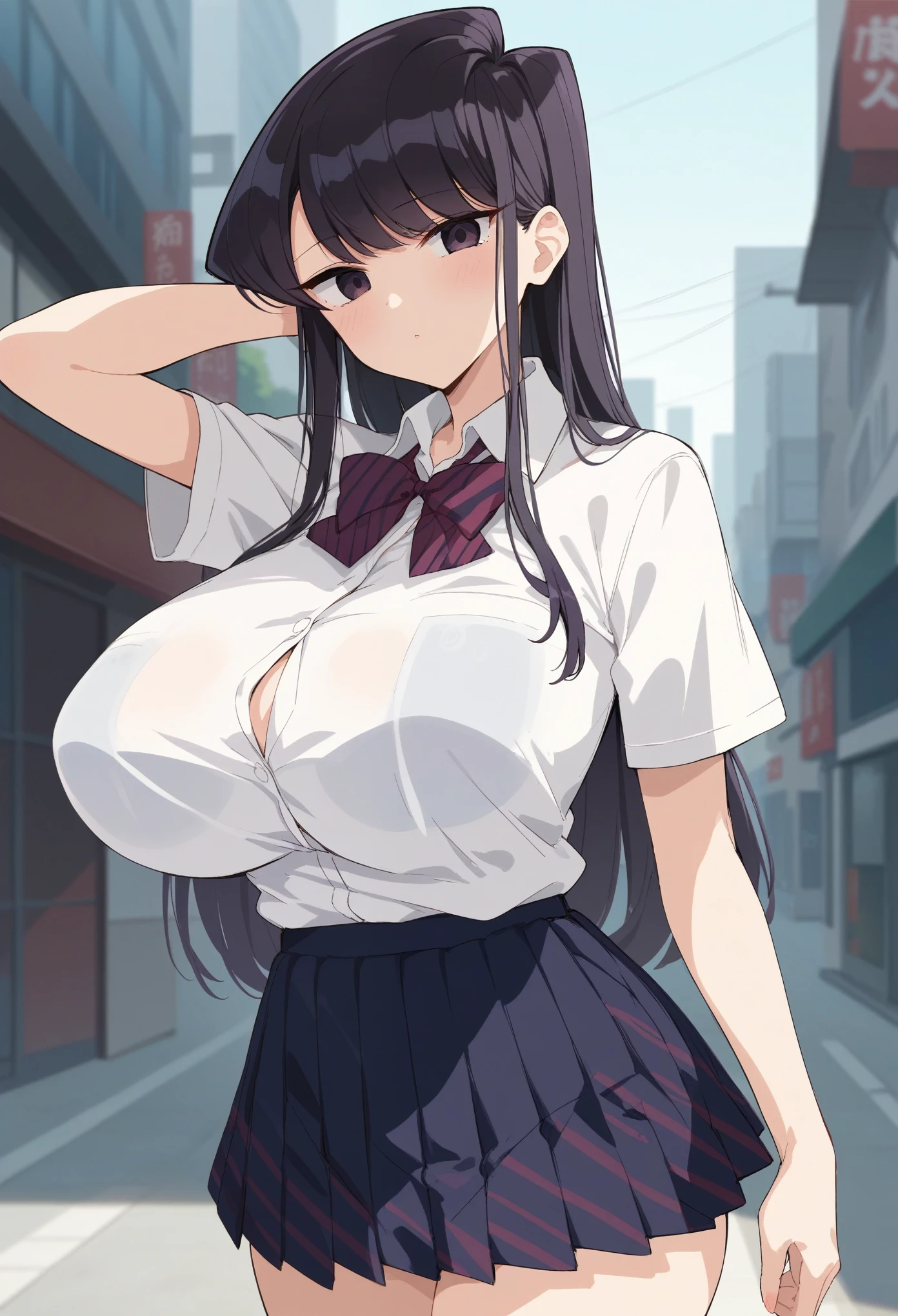 score_9, score_8_up, score_7_up, score_6_up, score_5_up, score_4_up, BREAK,source_anime, BREAK 1girl, Komi Shouko, shirt tucked in, tented shirt, white shirt, 1girl, long hair, black hair, pleated mini skirt, huge breasts, city, cowboy shot, looking at viewer, anime coloring, anime screencap, megami magazine