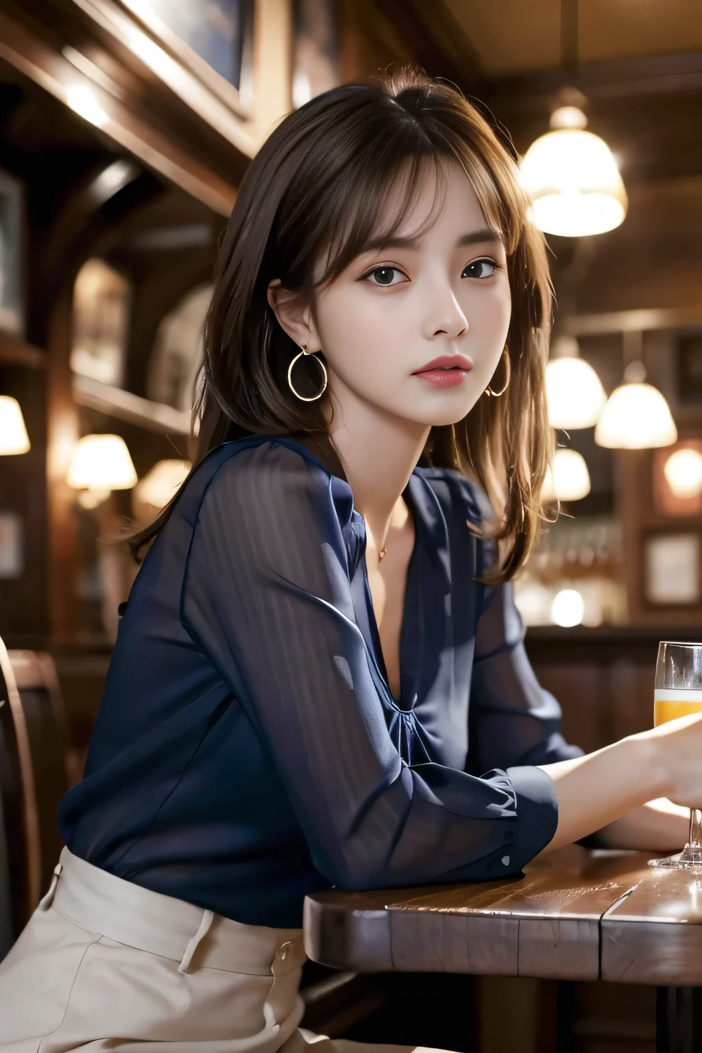 masterpiece, highest quality, Realistic, Very detailed, Finer details, High resolution, 8k wallpaper, One beautiful woman, Wear a navy blue see-through blouse, In a great pub, At night, Light brown messy hair, Perfect dynamic composition, Beautiful and beautiful eyes、Big earrings、Sitting in a chair、
