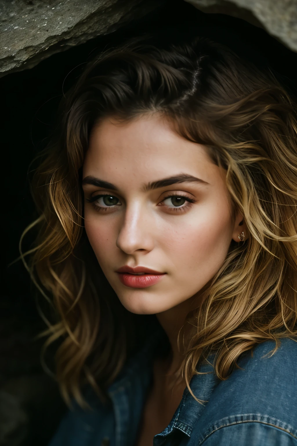 photograph of a woman, closeup portrait photo of beautiful 26 y.o woman, makeup, 8k uhd, high quality, dramatic, cinematic. textured skin, goosebumps, blonde afro hair, plaid flannel shirt with distressed boyfriend jeans, cowboy shot, dark and mysterious cave with unique rock formations and hidden wonders, perfect eyes, (candlelight,chiaroscuro), Porta 160 color, shot on ARRI ALEXA 65, bokeh, sharp focus on subject, shot by Don McCullin