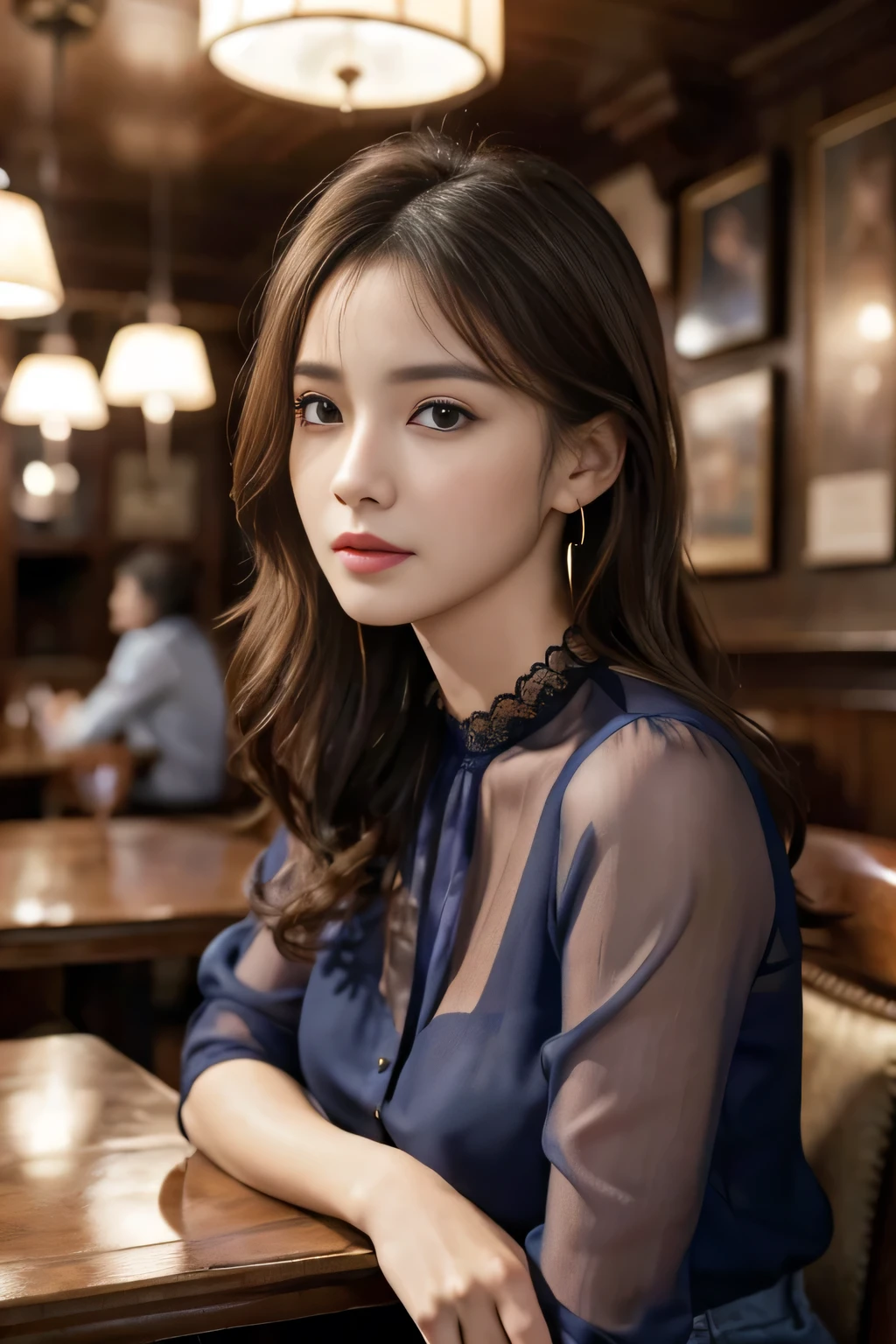 masterpiece, highest quality, Realistic, Very detailed, Finer details, High resolution, 8k wallpaper, One beautiful woman, Wear a navy blue see-through blouse, In a great pub, At night, Light brown messy hair, Perfect dynamic composition, Beautiful and beautiful eyes、Big earrings、Sitting in a chair、