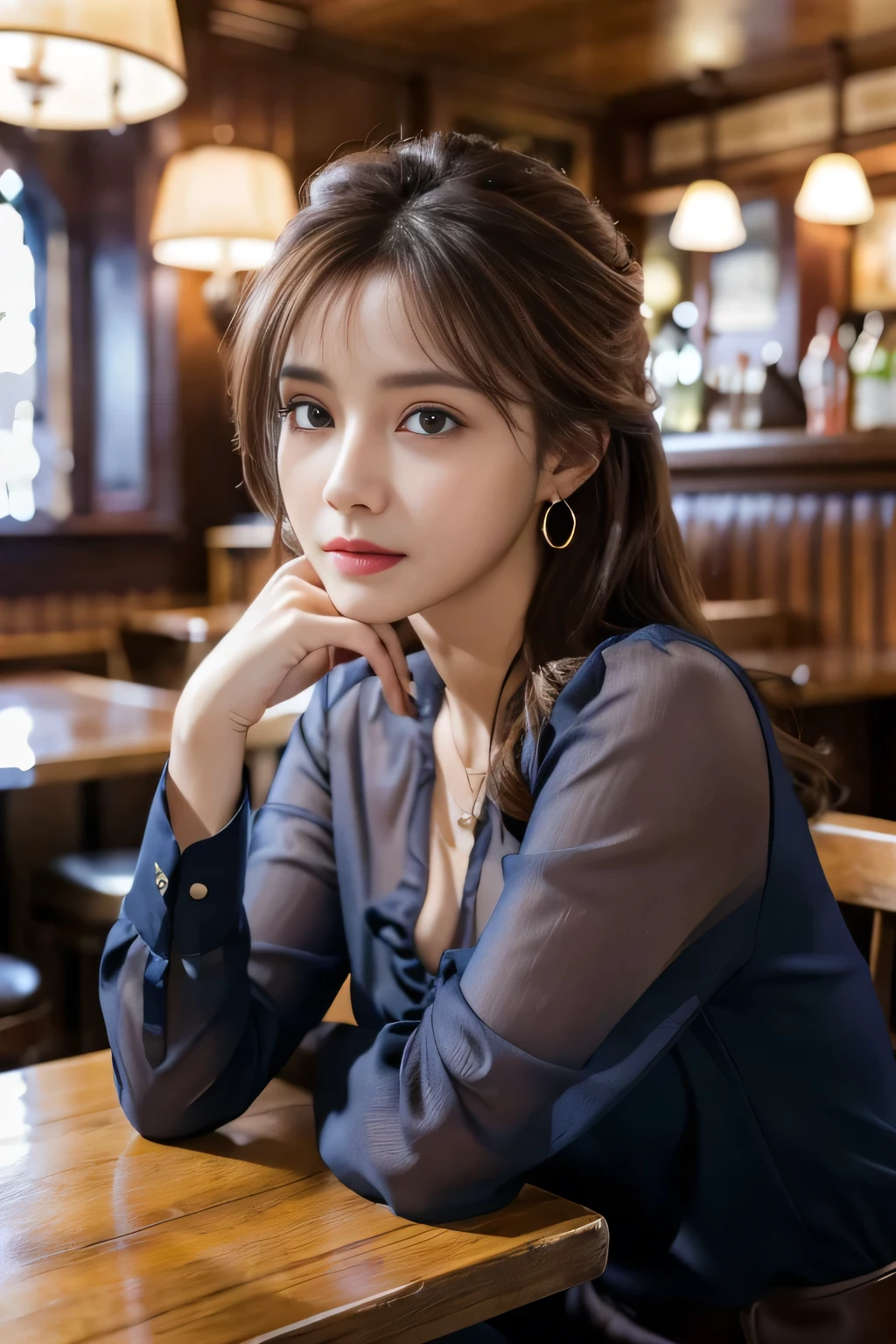 masterpiece, highest quality, Realistic, Very detailed, Finer details, High resolution, 8k wallpaper, One beautiful woman, Wear a navy blue see-through blouse, In a great pub, At night, Light brown messy hair, Perfect dynamic composition, Beautiful and beautiful eyes、Big earrings、Sitting in a chair、