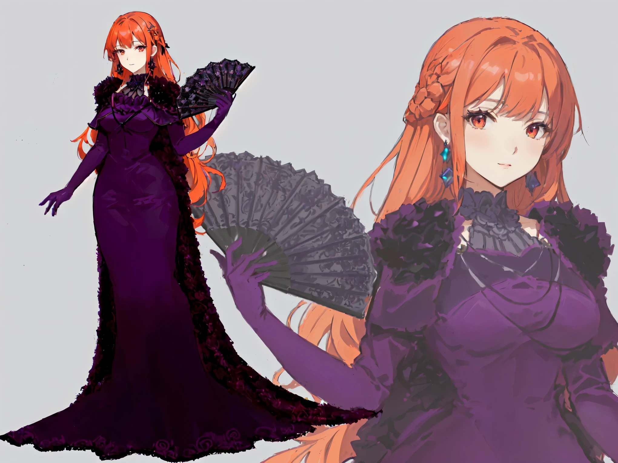 anime - style illustration of a woman in a purple dress and fans, !!Full length portrait!!, full commission for, ((fair empress fantasy)), Marine Kitagawa Fanart, anime character design, Anime girl in black dress, Anime Full Body Illustration, detailed fanart, very detailed exquisite fanart, character design : : Gothic, digital art of elegance, Red eyes, Red hair, Fan in hand, black cape, black raincoat