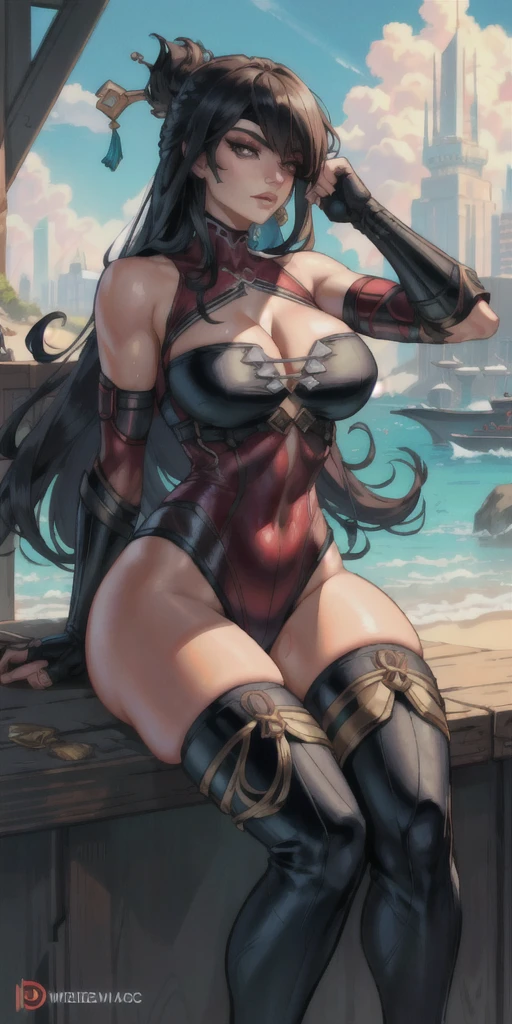 spider woman style, marvel, Beautiful woman, mercenary, heroic, , sitting cross-legged, wet beachwear, long breasts, detailed realistic cyberpunk style, black hair, masterpiece, extreme quality, perfect eyes, perfect body, perfect face, cinematic light, digital drawing, neckline, large breasts, 1girl only, 2 legs only, two arms, perfect body, mature female, soft, perfect and detailed hands,  firing your gun, detailed background, thick eyelashes, makeup, eyeshadow, curvy, inside a ship