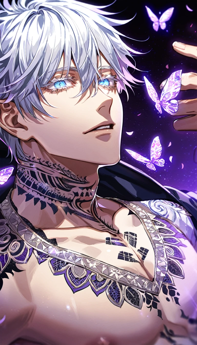 Ultra detailed, Highres, absurdres, HDR, Gojo Satoru, white hair with bangs, expressive blue eyes, hair between the eyes, white eyelashes, black coat with patterns, Jujutsu Kaisen, white shirt, fantasy, glittering purple butterflies, petals, handsome, sexy man, solo, very detailed eyes and face, master piece, toned chest, glittering, purple flowers, sitting, tattoo on his neck, black pants, purple background