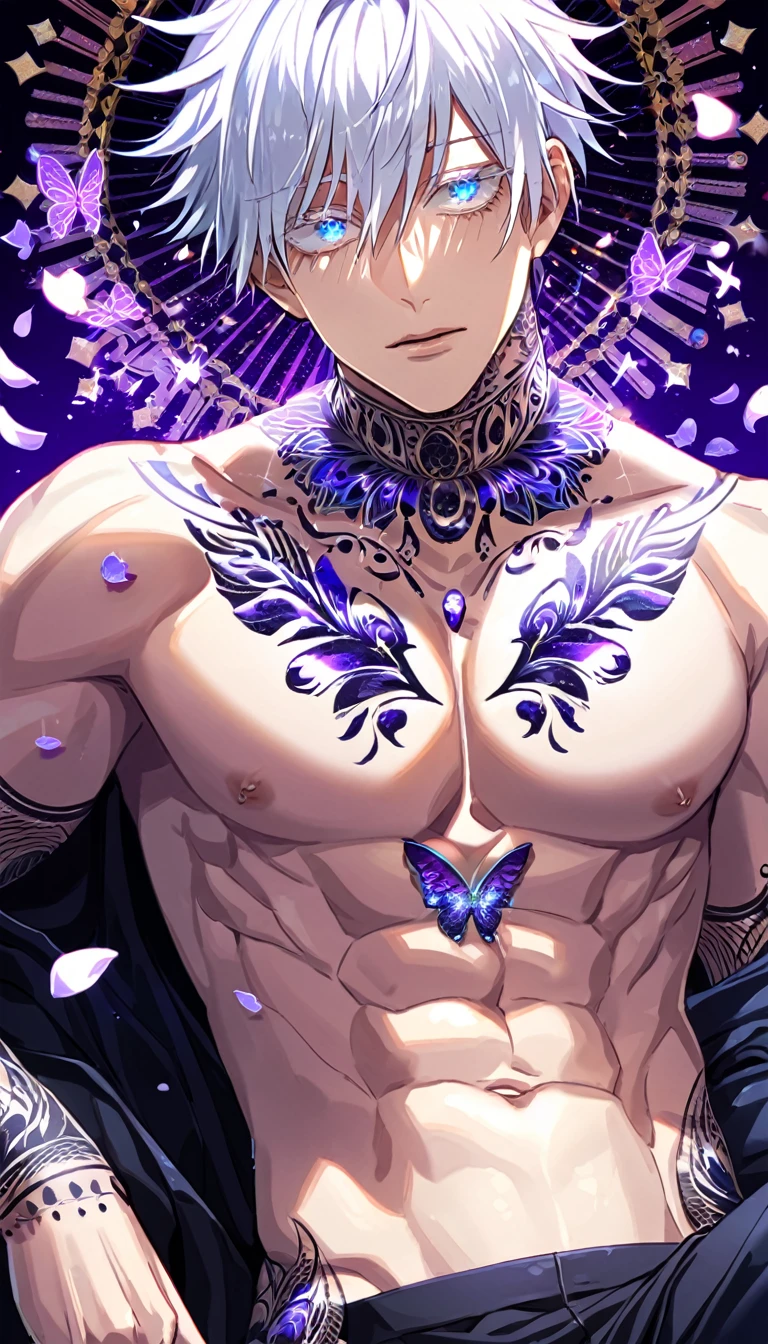 Ultra detailed, Highres, absurdres, HDR, Gojo Satoru, white hair with bangs, expressive blue eyes, hair between the eyes, white eyelashes, black coat with patterns, Jujutsu Kaisen, white shirt, fantasy, glittering purple butterflies, petals, handsome, sexy man, solo, very detailed eyes and face, master piece, toned chest, glittering, purple flowers, sitting, tattoo on his neck, black pants, purple background