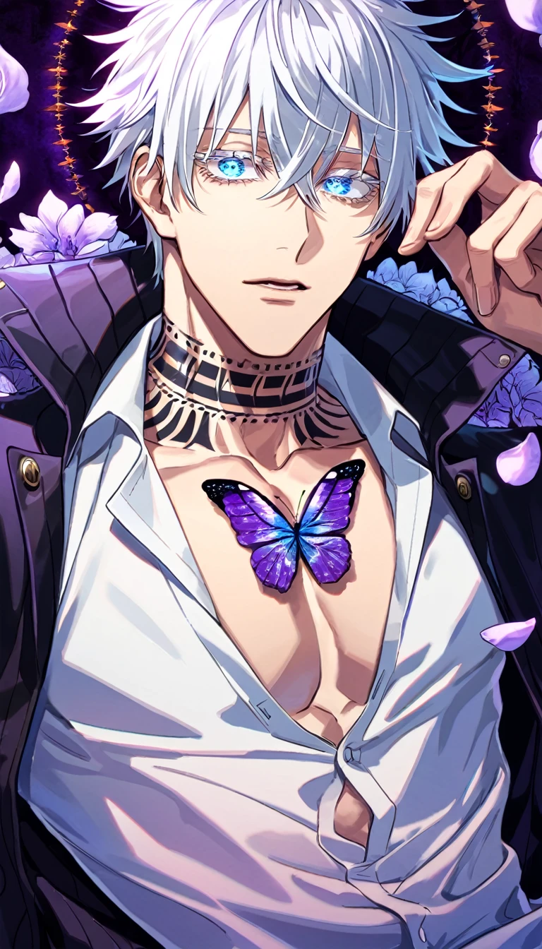 Ultra detailed, Highres, absurdres, HDR, Gojo Satoru, white hair with bangs, expressive blue eyes, hair between the eyes, white eyelashes, black coat with patterns, Jujutsu Kaisen, white shirt, fantasy, glittering purple butterflies, petals, handsome, sexy man, solo, very detailed eyes and face, master piece, toned chest, glittering, purple flowers, sitting, tattoo on his neck, black pants, purple background