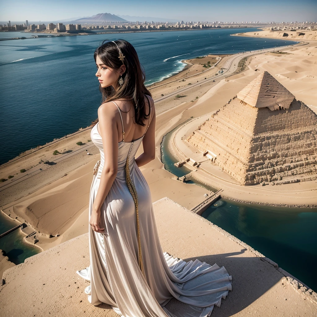 Beautiful elegantly dressed woman on the top of a pyramid in Egypt. observing the horizon and the Nile River. perspective from afar, distant image, panoramic, from behind. perspective from a helicopter. Full panorama image.