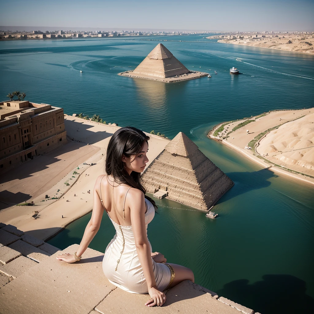 Beautiful elegantly dressed woman on the top of a pyramid in Egypt. observing the horizon and the Nile River. perspective from afar, distant image, panoramic, from behind. perspective from a helicopter. Full panorama image.